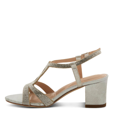PATRIZIA Women's LILYANA Buckle Block Heel Sandals - T-Strap with Scrollwork Design, Elegant and Comfortable SILVER EU 37 / US 6.5-7