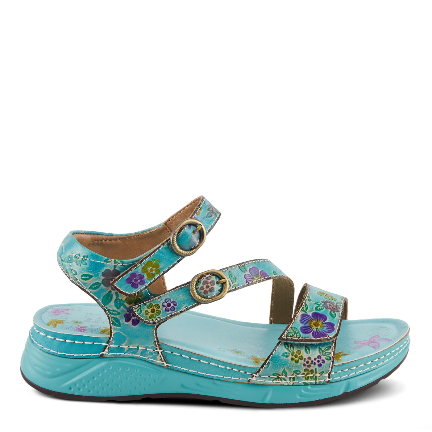 Spring Step L'Artiste Women's Anneka Hand-Painted Athleisure Sandals - Lightweight Floral Design with Adjustable Hook and Loop Closures Sky Blue Multi EU 36 / US 5.5-6