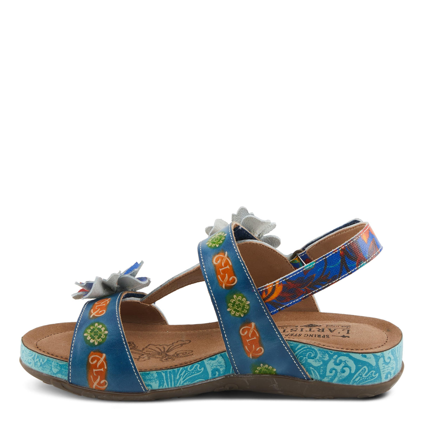 Spring Step L'Artiste Women's ERICA-SPRING Leather Slide Sandals with Decorative Floral Accents Blue Multi EU 36 / US 5.5-6