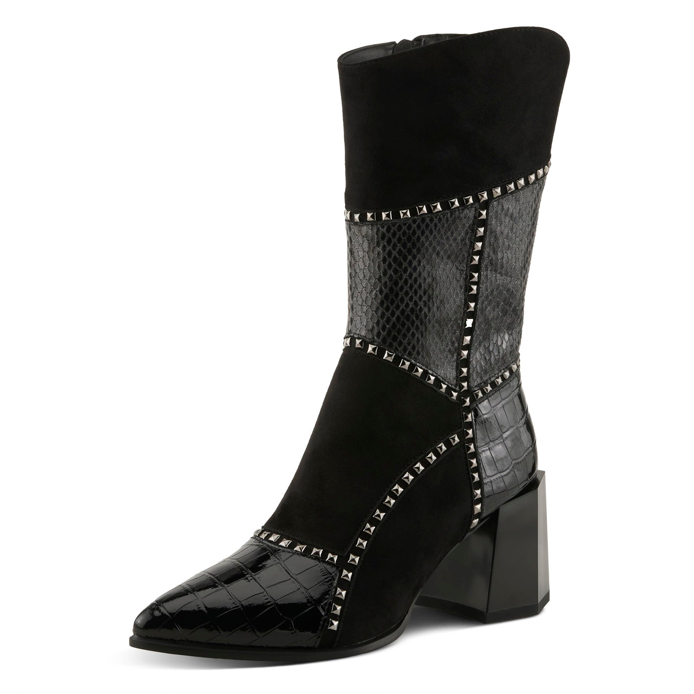 Azura Women's ZAYRINA Mid-Shaft Leather Boots with Animal Print, Stud Details, and Zipper Closure Black EU 40 / US 9
