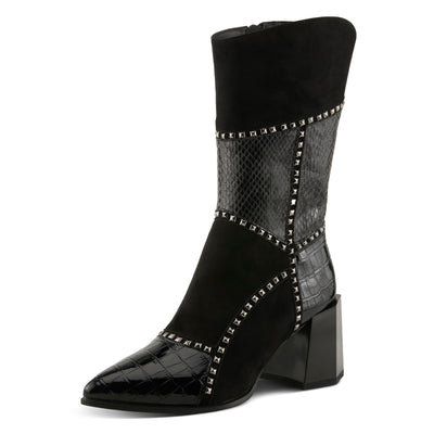 Azura Women's ZAYRINA Mid-Shaft Leather Boots with Animal Print, Stud Details, and Zipper Closure Black EU 40 / US 9