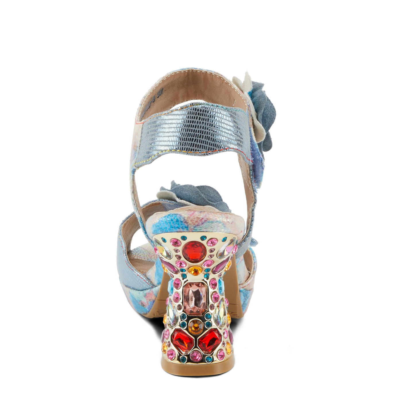 Spring Step L'Artiste Women's SMASHING Metallic Leather Sandals - Opulent Decorative Flowers, Sculpted Jewel Heel, Wearable Art Footwear Blue Multi EU 40 / US 9