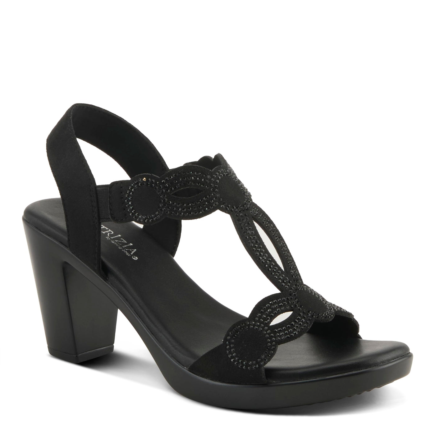 PATRIZIA Women's ILLARA Slip-On T-Strap Heels - Crystal Embellished, Elastic Goring, Cushioned Comfort BLACK EU 38 / US 7.5-8
