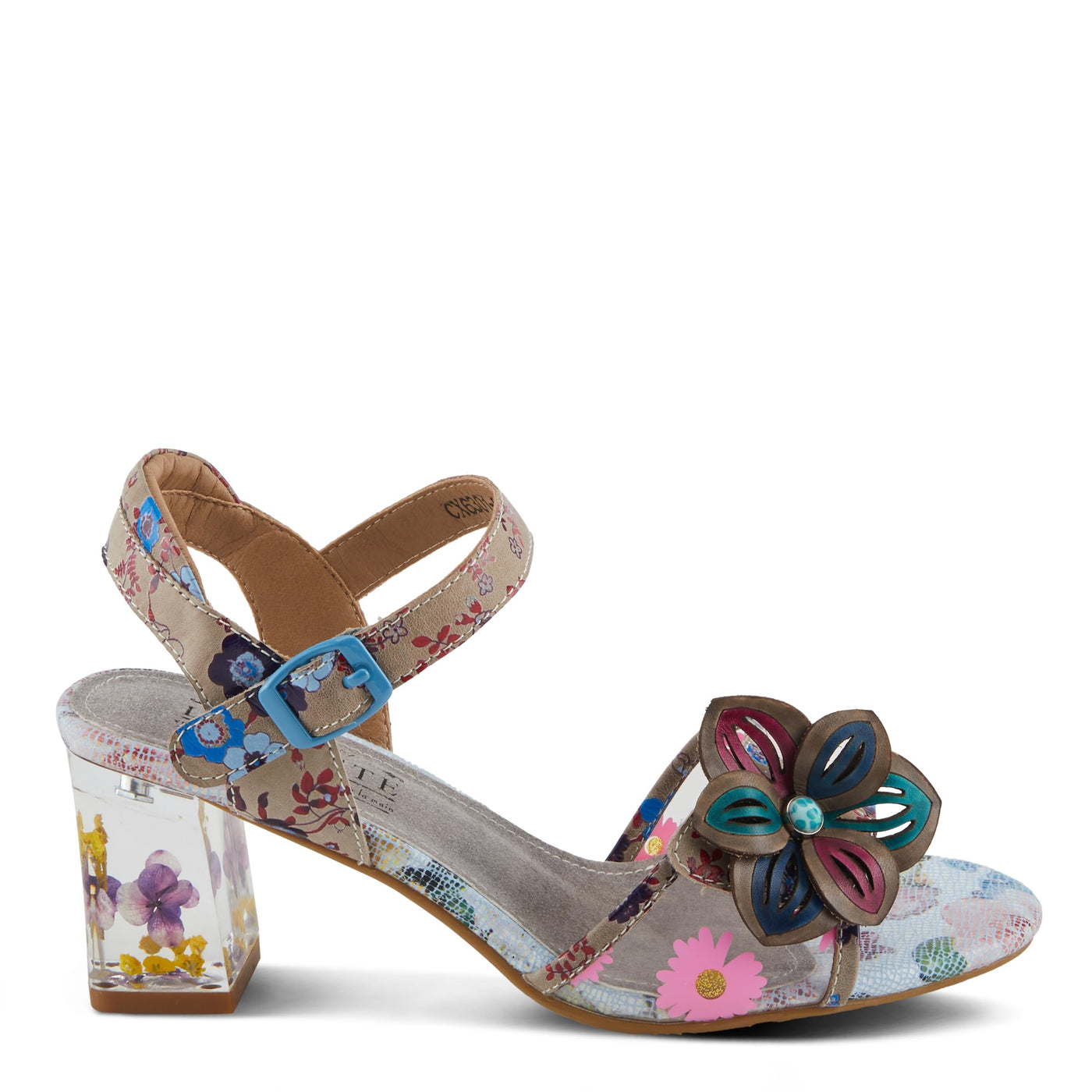 Spring Step L'Artiste Women's BREAKAWAY Floral Sandals - Dried Flower Block Heel, Hook and Loop Closure Grey Multi EU 38 / US 7.5-8