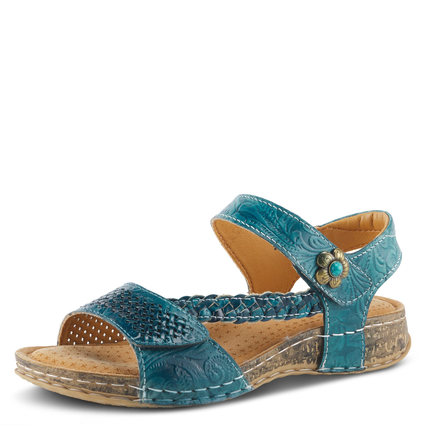 Spring Step L'Artiste Popular Sandals for Women - Ankle Strap Sandal with Hook & Loop - Hand Painted Ladies Sandals for Womens - Blue EU 37 / US 6.5-7