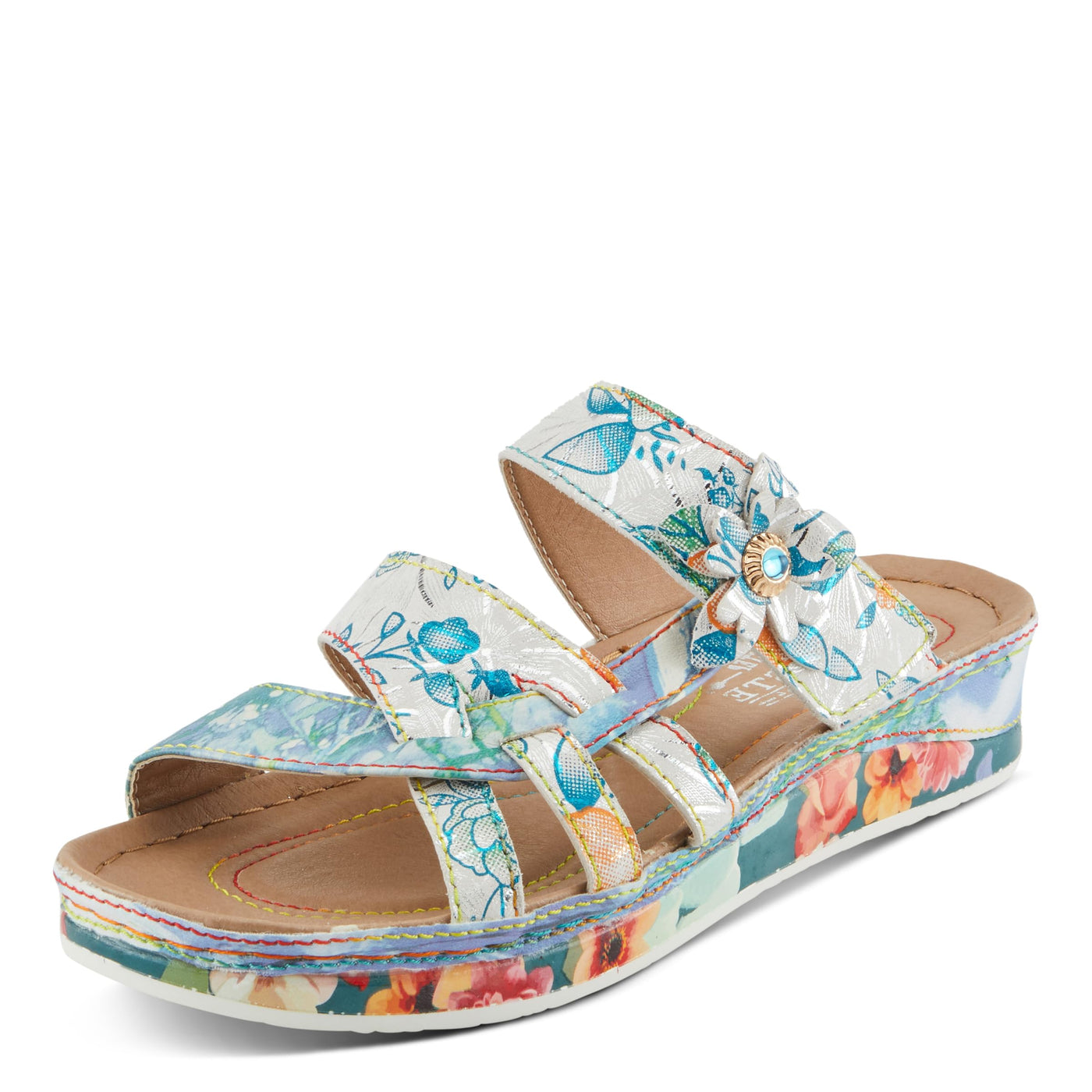 Spring Step L'Artiste Women's CAIMANALA Floral Slide Sandals with Adjustable Closure Sky Blue Multi EU 36 / US 5.5-6