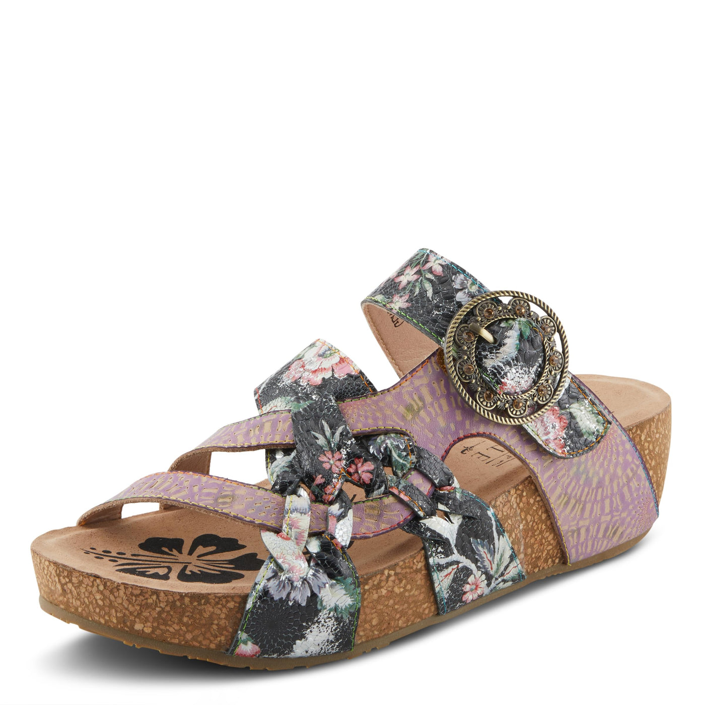 Spring Step L'Artiste Women's BRADY Hand-Painted Floral Cork Wedge Sandals Lilac Multi EU 41 / US 9.5-10