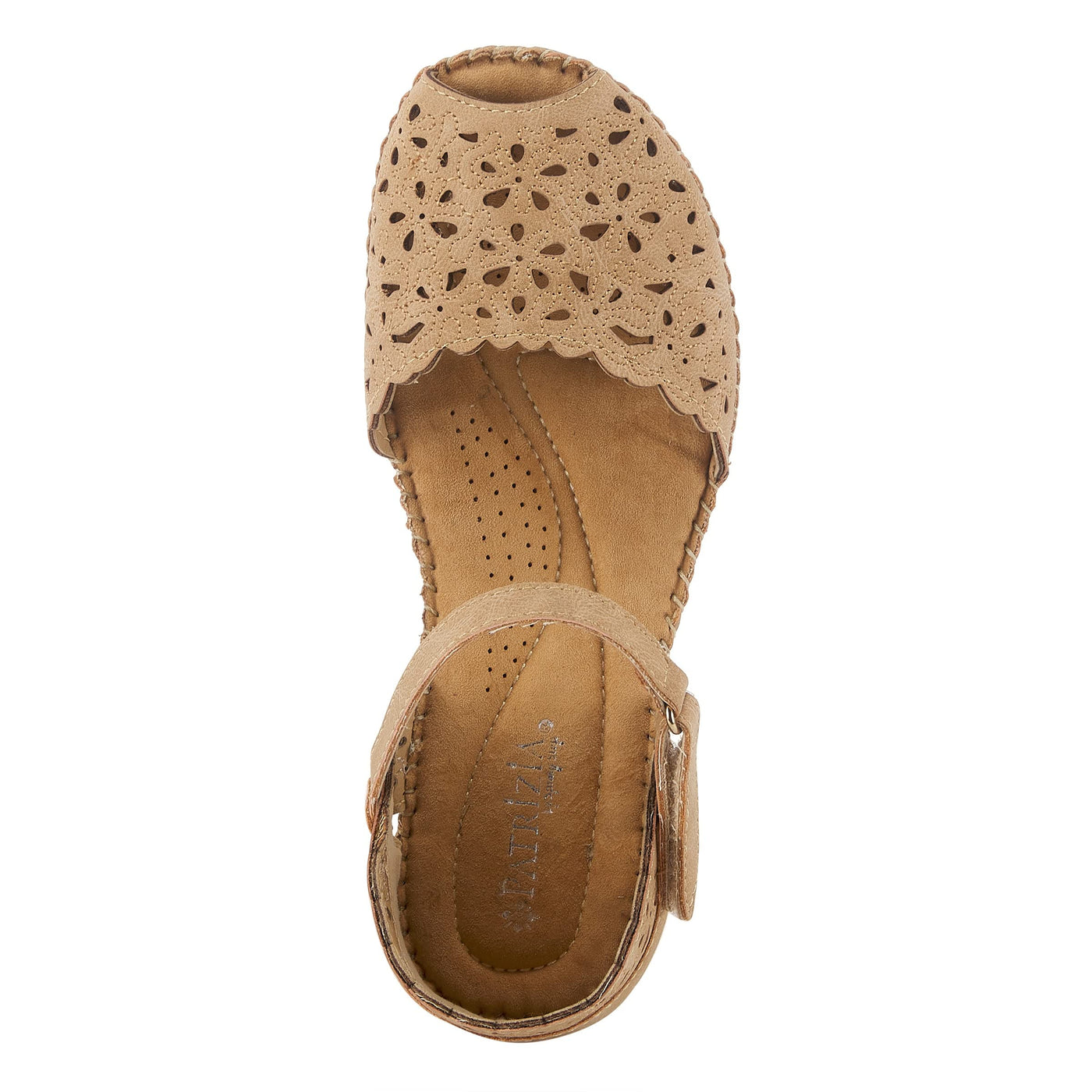 PATRIZIA Spring Step Gennina Wedge Sandals for Womens - Laser Cut Ladies Sandals with Embroidery - Hook and Loop Closure Womens Sandals - Tan EU 40 / US 9