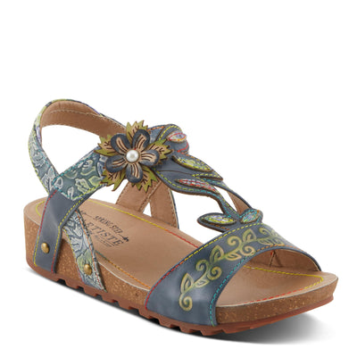 Spring Step L'Artiste Women's BELOVED Hand-Painted Low Cork Wedge Slide Sandals Teal Multi EU 36 / US 5.5-6