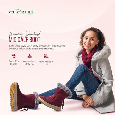 Flexus Snowbird Mid-Calf Boot - Waterproof Microsuede Upper Faux Fur Lining - Slip-On Padded Insole Flexible Polyurethane Outsole 1.5" Heel Cozy Winter Bootie Olive Green EU 41 / US 9.5-10