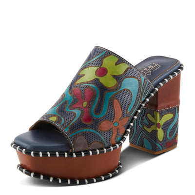 Spring Step L'Artiste Women's COLOSSAL Retro Platform Slides - Hand-Painted Flower Design, Leather-Wrapped Heel Blue Multi EU 42 / US 10.5-11