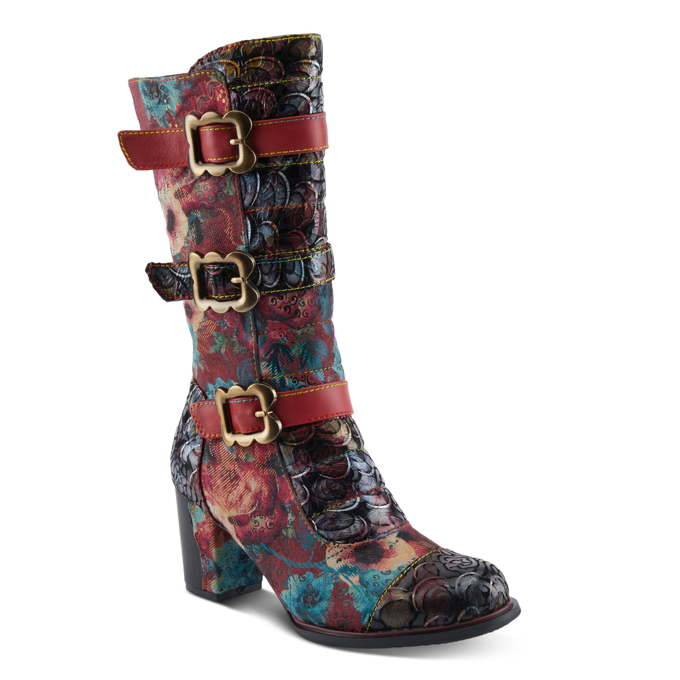 Spring Step L'Artiste Averie Women's Moto-Inspired Bootie - Quilted Upper, Metallic Prints, Decorative Straps Red Multi EU 39 / US 8.5