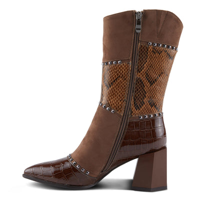 Azura Women's ZAYRINA Mid-Shaft Leather Boots with Animal Print, Stud Details, and Zipper Closure Brown EU 37 / US 6.5-7