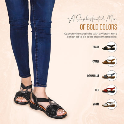 Spring Step Women's KARMEL Comfort Wedge Sandals - Genuine Leather with Elastic Straps & Metal Ornament - Cork-Inspired Textured 1.5" Heel - Hand Crafted in Turkey - Black EU 38/7.5-8