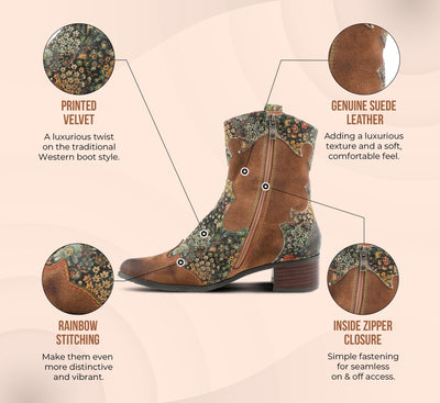 Spring Step L'Artiste Ladyluck Booties for Women - Floral Leather and Suede Women's Chelsea Boots - Western Ankle Boots for Women with Low Heel - Red US 8.5
