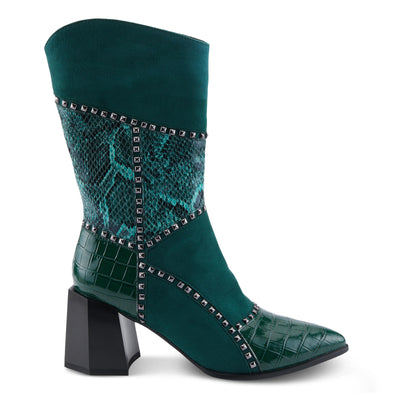 Azura Women's ZAYRINA Mid-Shaft Leather Boots with Animal Print, Stud Details, and Zipper Closure Green EU 38/ US 7.5-8