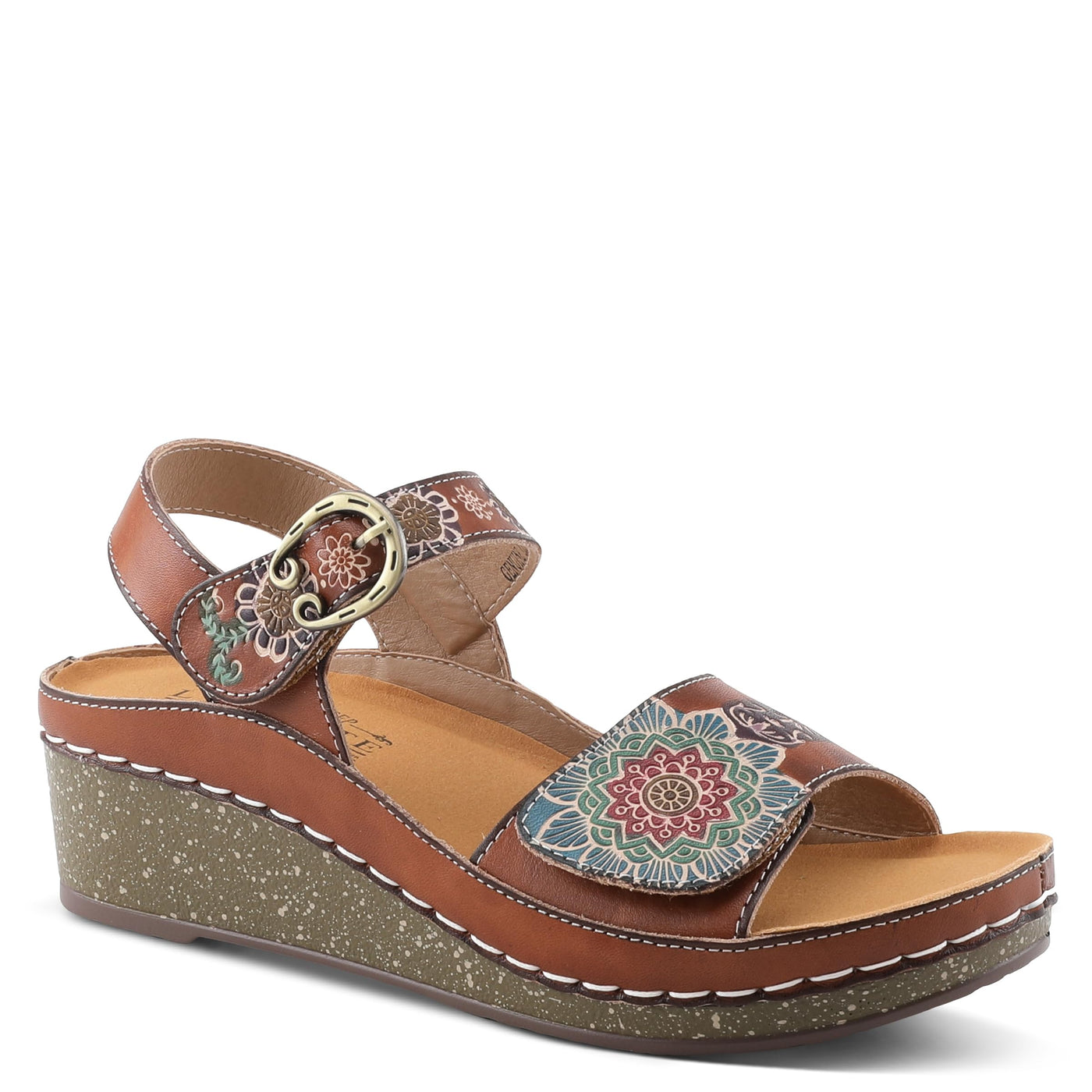 L'Artiste Women's ROSHNI Slingback Sandals – Hand-Painted Leather Floral Wedge with Adjustable Comfort Straps Camel Multi EU 35/5