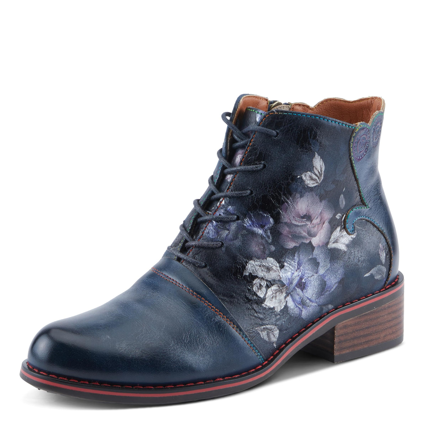 Spring Step L'Artiste Xenia Women's Lace-Up Oxford Bootie - Classic Menswear with Floral Print Shaft Navy Multi EU 40 / US 9