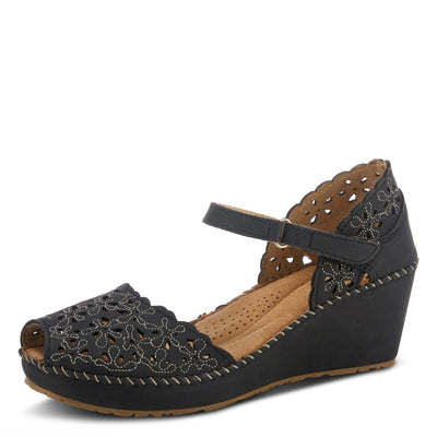 PATRIZIA Spring Step Gennina Wedge Sandals for Womens - Laser Cut Ladies Sandals with Embroidery - Hook and Loop Closure Womens Sandals - Black EU 37 / US 6.5-7