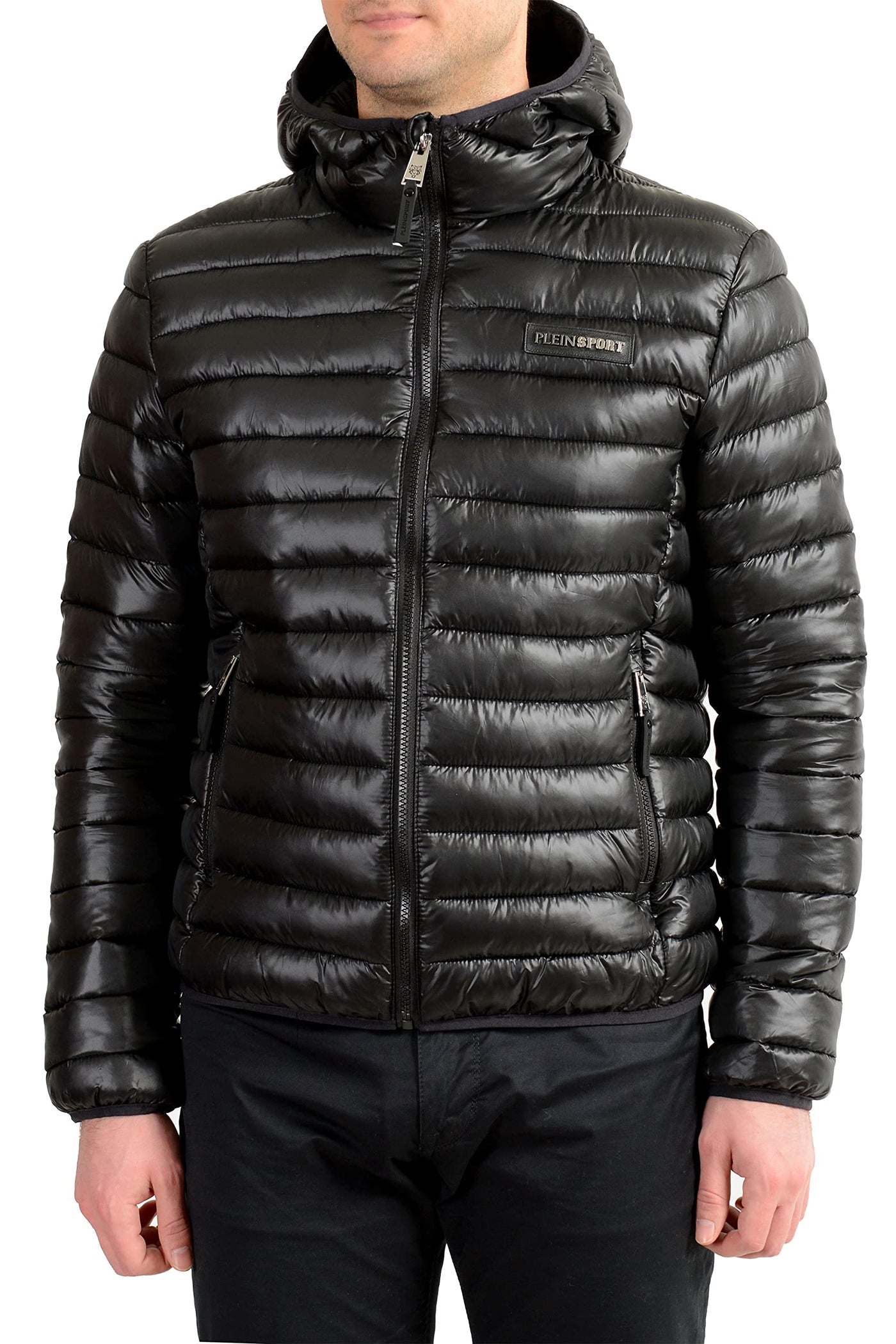 Plein Sport Men's Black Hooded Logo Print Zip Up Parka Jacket Sz US XL IT 54
