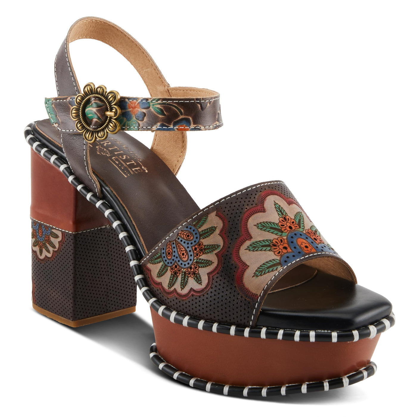 Spring Step L'Artiste Women's GOGETEM Retro Platform Sandals - Hand-Painted Flower Design, Decorative Floral Buckle Chocolate Multi EU 37 / US 6.5-7
