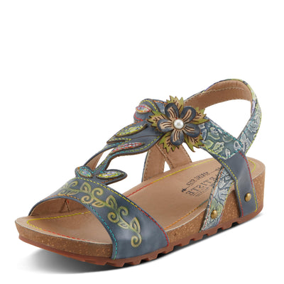 Spring Step L'Artiste Women's BELOVED Hand-Painted Low Cork Wedge Slide Sandals Teal Multi EU 36 / US 5.5-6