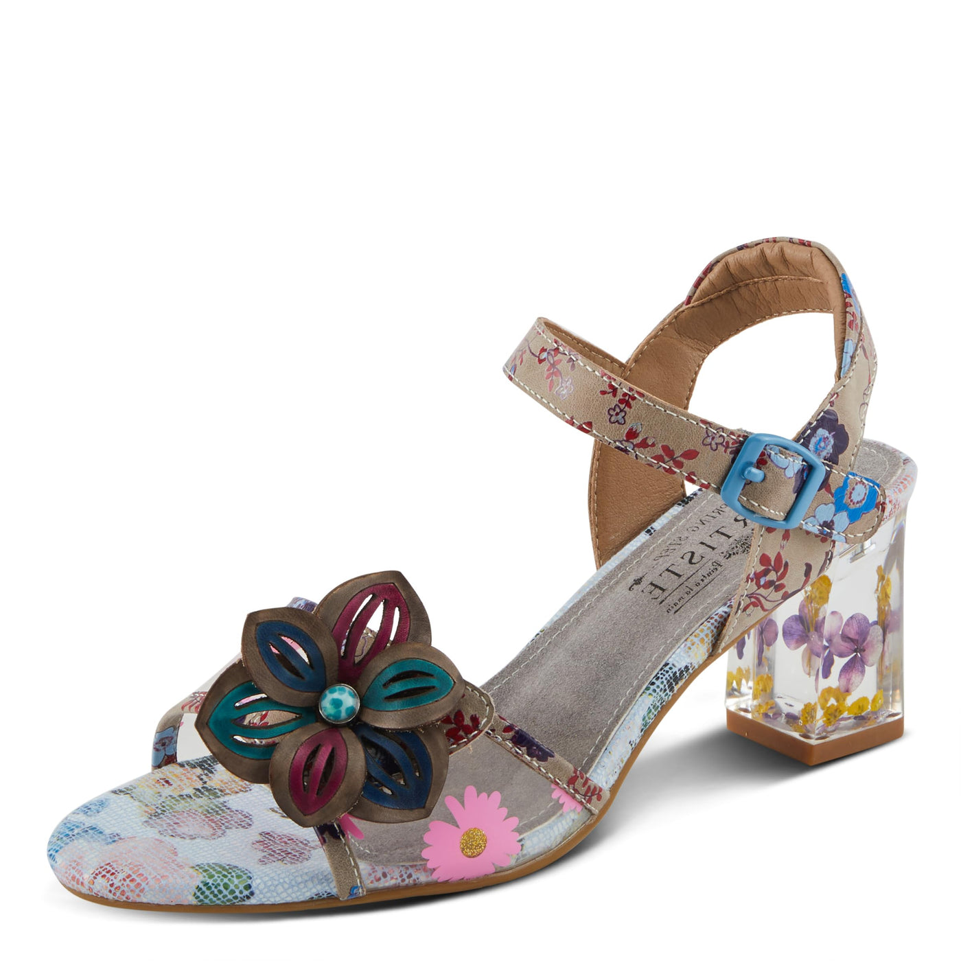 Spring Step L'Artiste Women's BREAKAWAY Floral Sandals - Dried Flower Block Heel, Hook and Loop Closure Grey Multi EU 39 / US 8.5