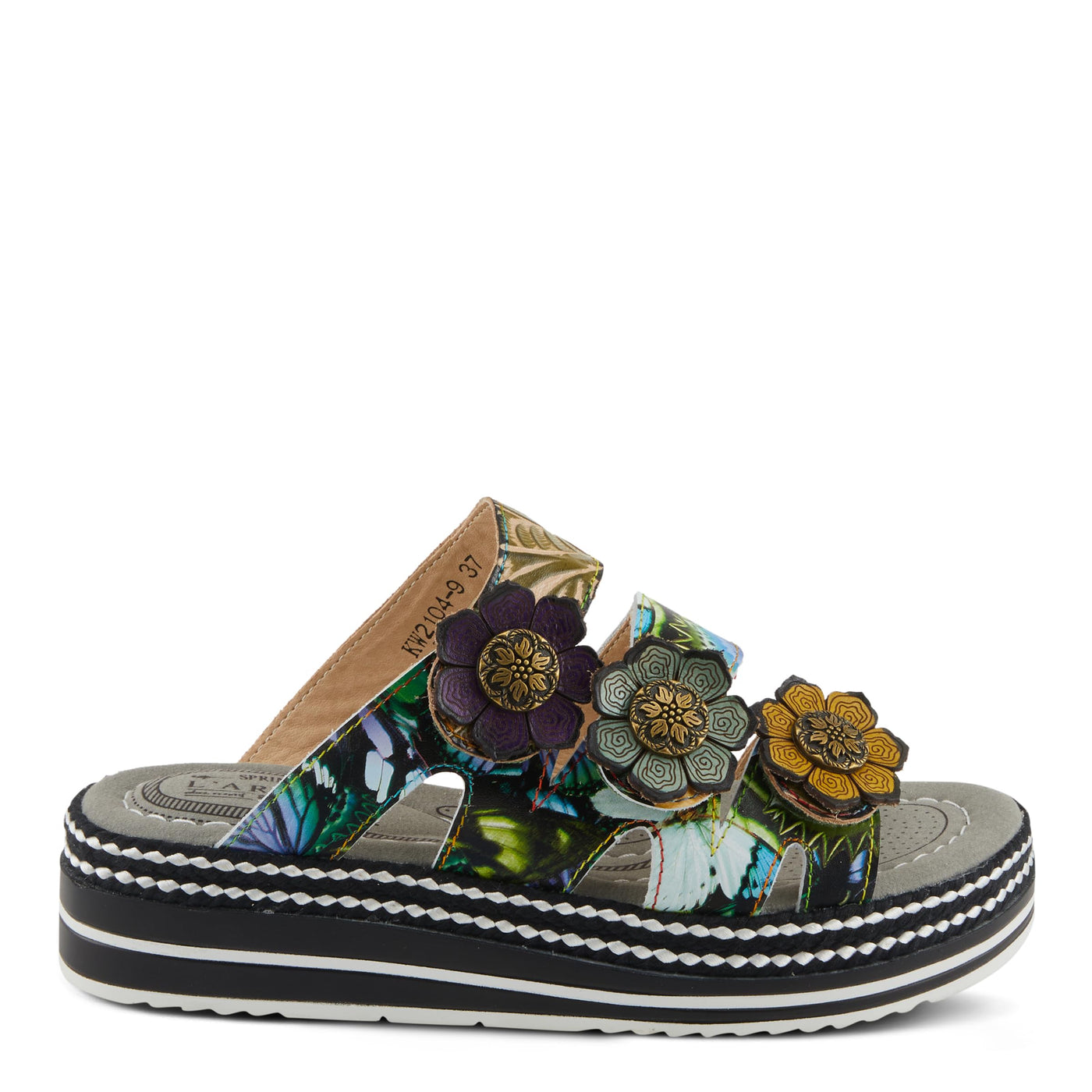 Spring Step L'Artiste Women's NAOMI-MONARCH Comfortable Butterfly Slide Sandals | Hand-Painted Leather Flowers, Hook and Loop Closure