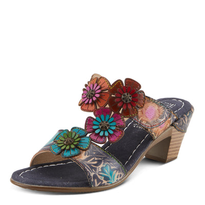 Spring Step L'Artiste Women's SUMMERFUN Hand-Painted Sandals - Leather Wrapped Heel, Asymmetrical Flower Design Navy Multi EU 42 / US 10.5-11
