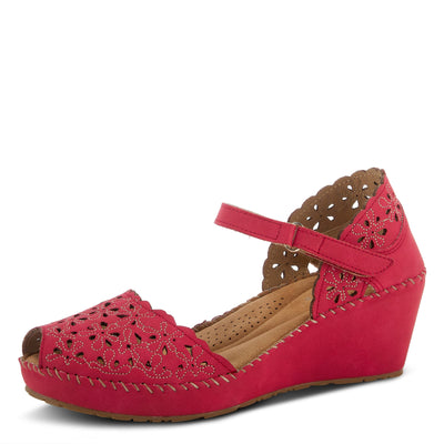 PATRIZIA Spring Step Gennina Wedge Sandals for Womens - Laser Cut Ladies Sandals with Embroidery - Hook and Loop Closure Womens Sandals - Dark Red EU 35 / US 5