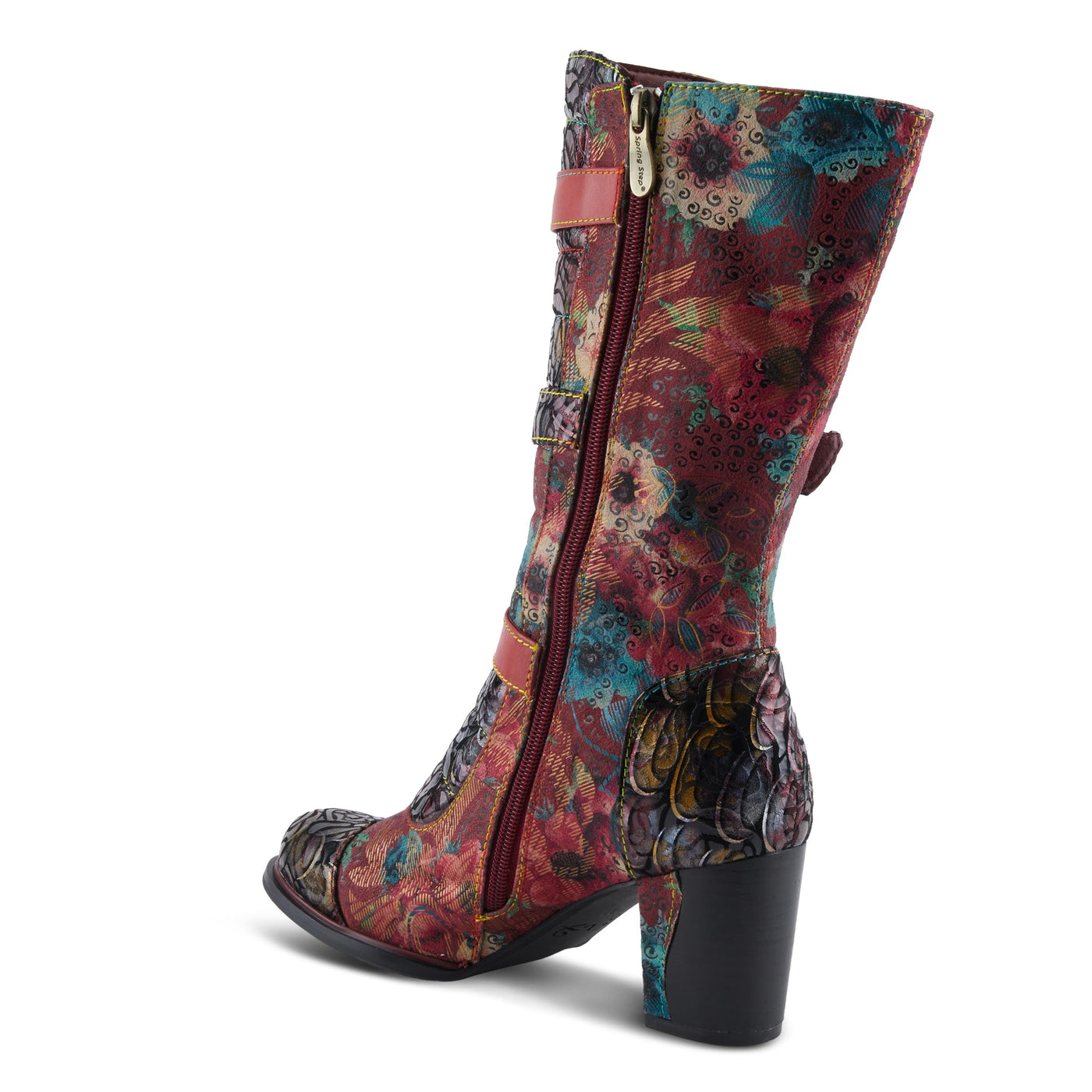 Spring Step L'Artiste Averie Women's Moto-Inspired Bootie - Quilted Upper, Metallic Prints, Decorative Straps Red Multi EU 39 / US 8.5