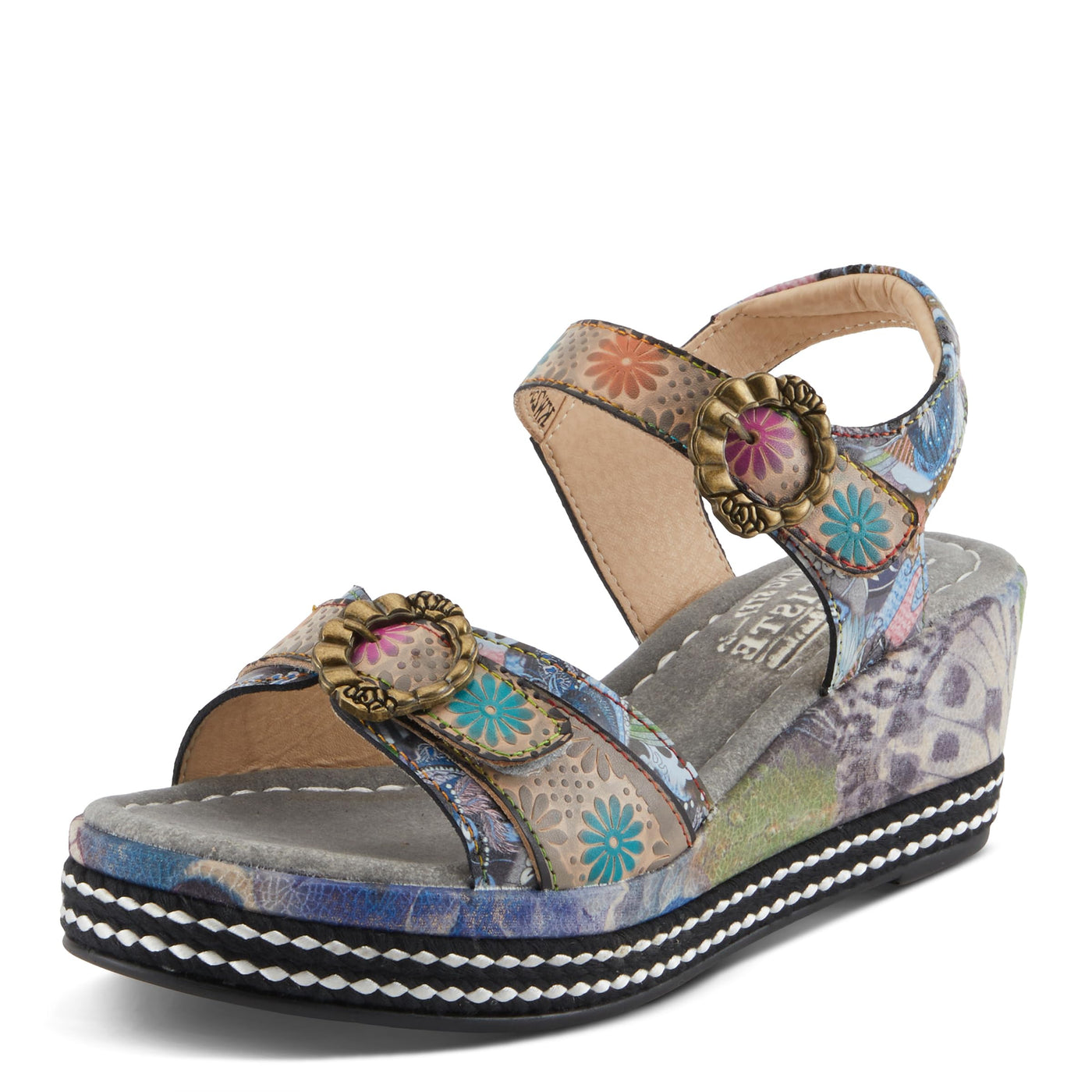 Spring Step L'Artiste Women's FLAVOUR Fashion Wrapped Wedged Sandals | Hand-Painted Leather Accents, Hook and Loop Closure Grey Multi EU 35 / US 5