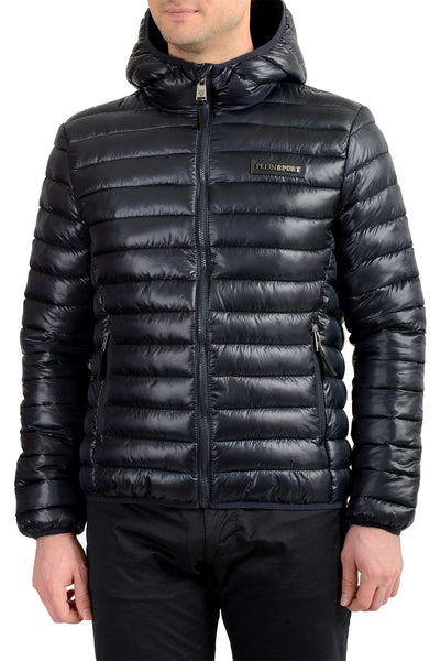 Plein Sport Men's Navy Blue Hooded Logo Print Zip Up Parka Jacket Sz US L IT 52