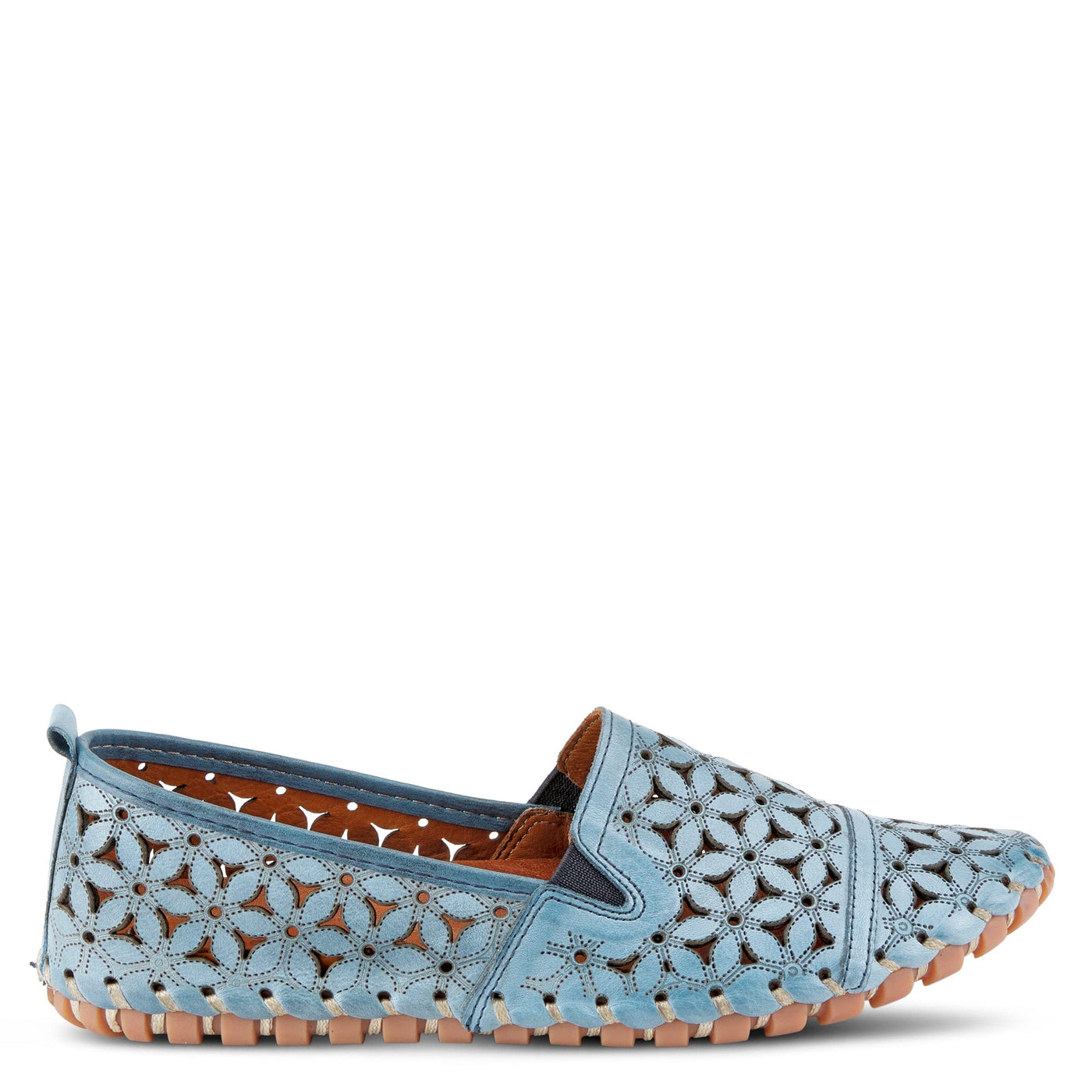 Spring Step Flowerflow Shoes for Women - Leather Womens Loafer with Floral Laser Cutout - Comfortale Slip-On Shoes for Womens Blue