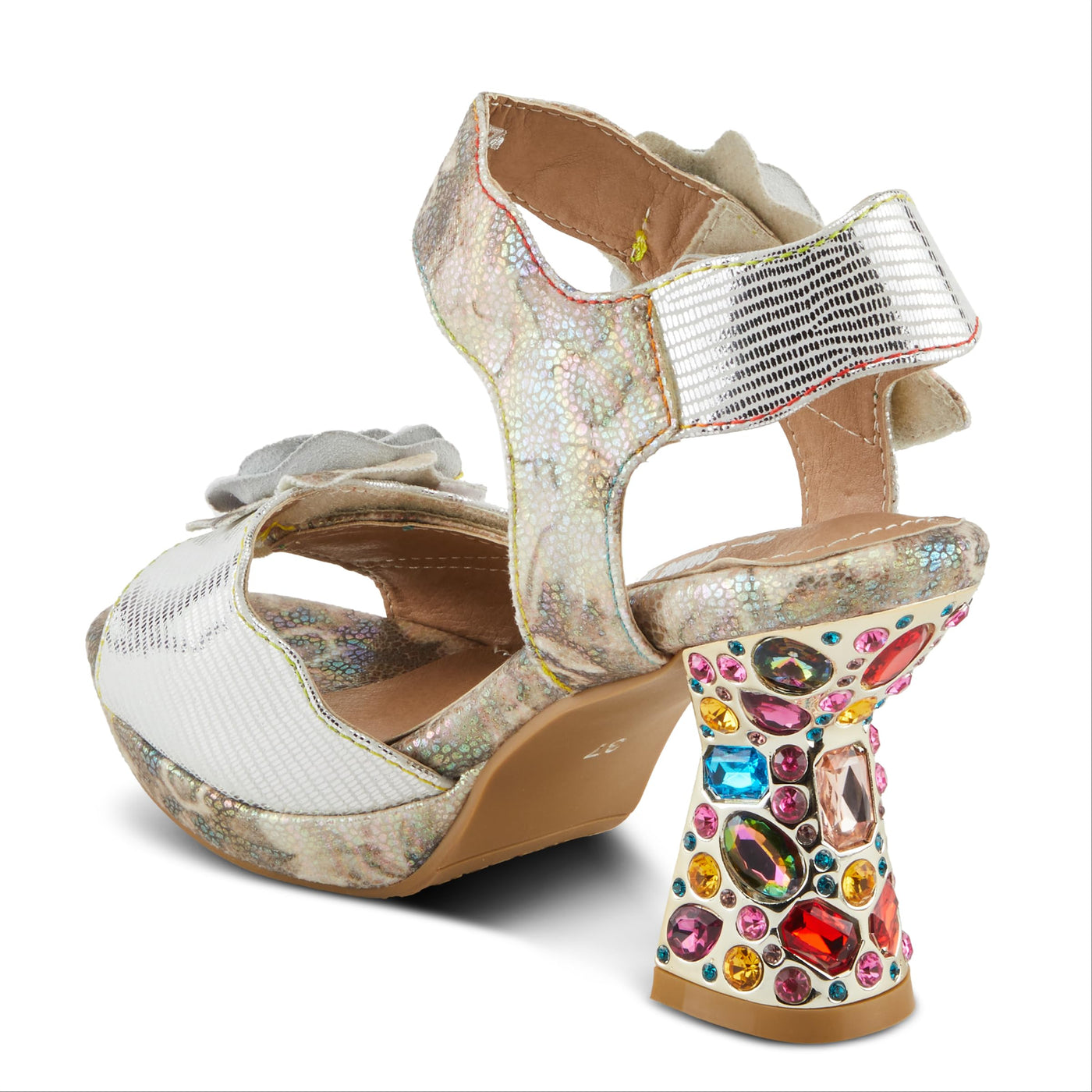 Spring Step L'Artiste Women's SMASHING Metallic Leather Sandals - Opulent Decorative Flowers, Sculpted Jewel Heel, Wearable Art Footwear Ice Multi EU 41 / US 9.5-10