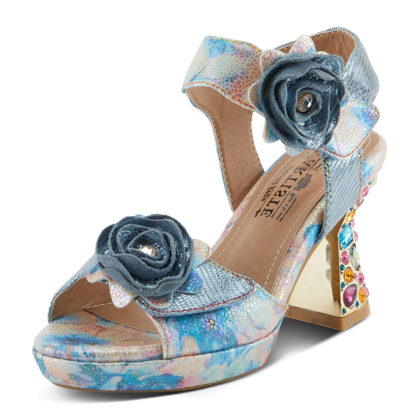 Spring Step L'Artiste Women's SMASHING Metallic Leather Sandals - Opulent Decorative Flowers, Sculpted Jewel Heel, Wearable Art Footwear Blue Multi EU 41 / US 9.5-10