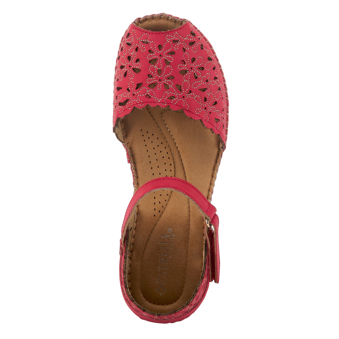 PATRIZIA Spring Step Gennina Wedge Sandals for Womens - Laser Cut Ladies Sandals with Embroidery - Hook and Loop Closure Womens Sandals - Dark Red EU 40 / US 9