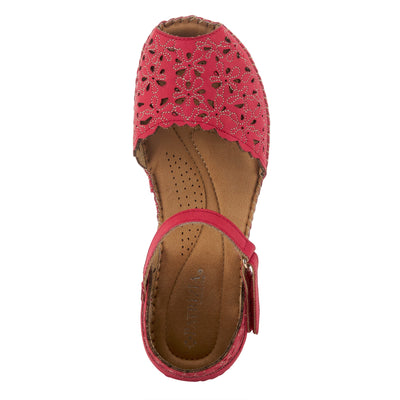 PATRIZIA Spring Step Gennina Wedge Sandals for Womens - Laser Cut Ladies Sandals with Embroidery - Hook and Loop Closure Womens Sandals - Dark Red EU 40 / US 9