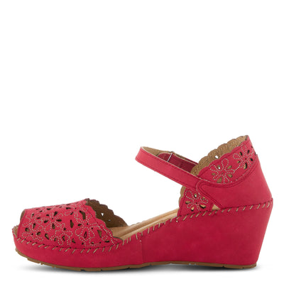 PATRIZIA Spring Step Gennina Wedge Sandals for Womens - Laser Cut Ladies Sandals with Embroidery - Hook and Loop Closure Womens Sandals - Dark Red EU 35 / US 5