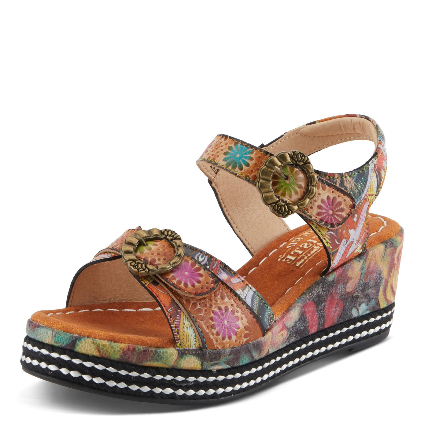 Spring Step L'Artiste Women's FLAVOUR Fashion Wrapped Wedged Sandals | Hand-Painted Leather Accents, Hook and Loop Closure Camel Multi EU 38 / US 7.5-8