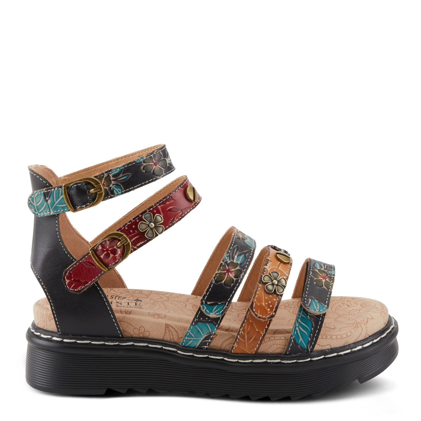 Spring Step L'Artiste Women's Selyse Flatform Sandals - Adjustable Straps, Hand-Painted Floral Artistry Black Multi EU 39 / US 8.5