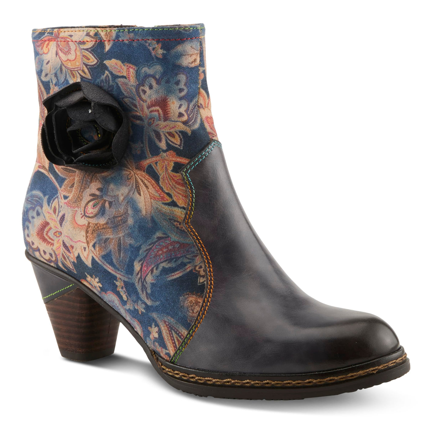 Spring Step L'Artiste Naima Heeled Booties | Floral-Printed Leather Ankle Boots with Rose Cutout Design BLUE MULTI EU 40 / US 9
