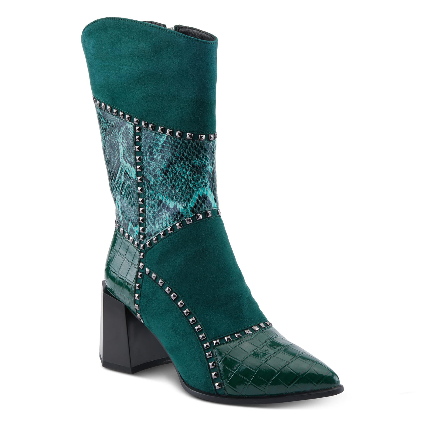 Azura Women's ZAYRINA Mid-Shaft Leather Boots with Animal Print, Stud Details, and Zipper Closure Green EU 38/ US 7.5-8