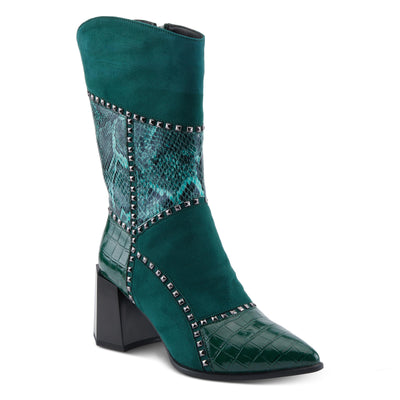 Azura Women's ZAYRINA Mid-Shaft Leather Boots with Animal Print, Stud Details, and Zipper Closure Green EU 38/ US 7.5-8
