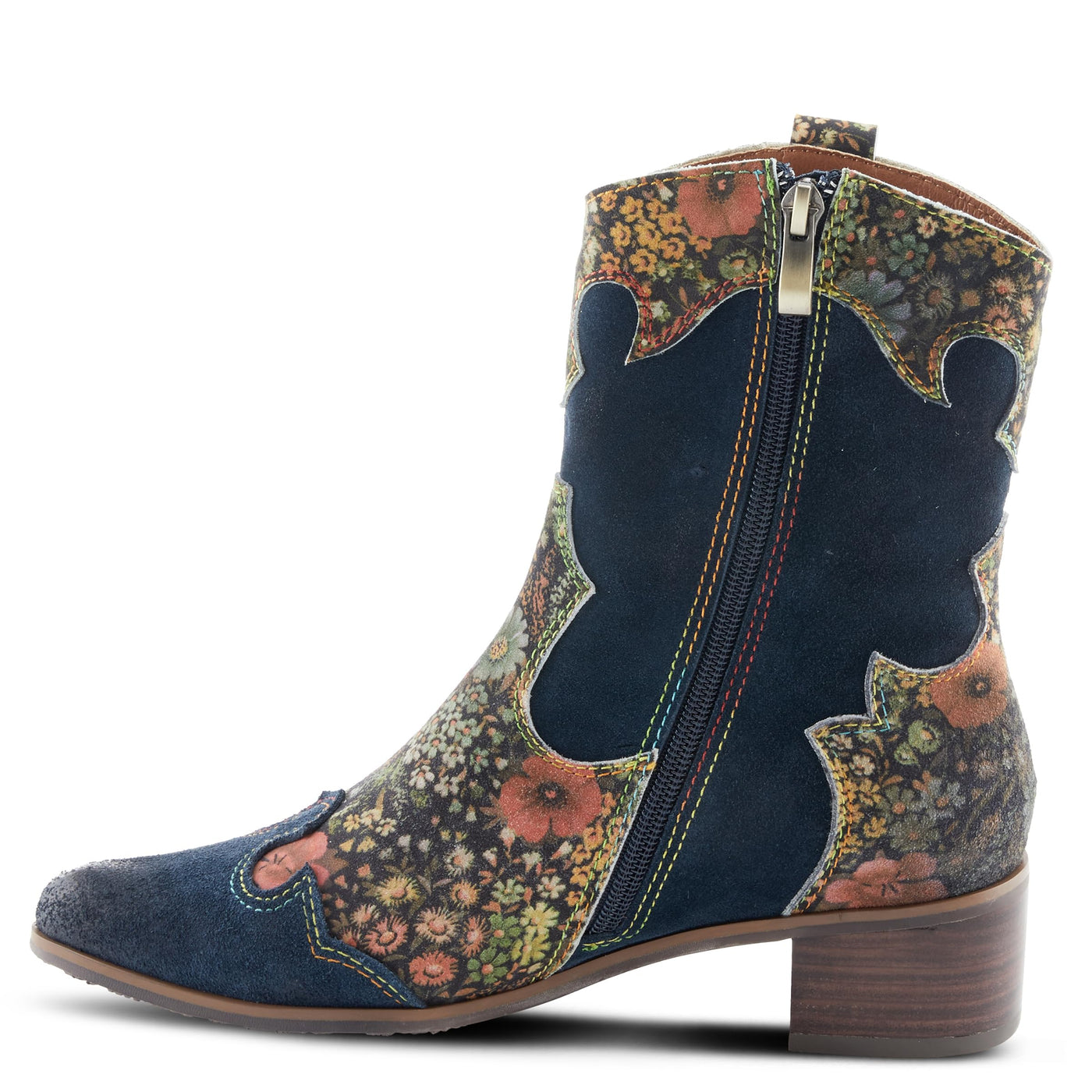 Spring Step L'Artiste Ladyluck Booties for Women - Floral Leather and Suede Women's Chelsea Boots - Western Ankle Boots for Women with Low Heel - Navy US 6.5-7