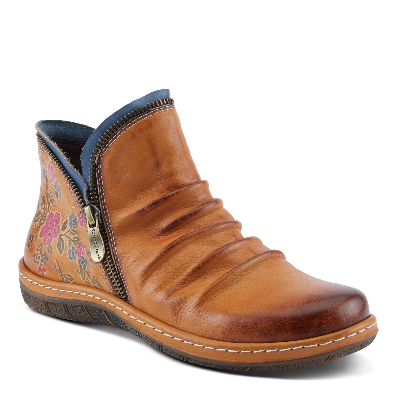 Spring Step L'Artiste Chesapeake Women's Floral Bootie - Painted Flowers, Burnished Leather, Bohemian Style Camel EU 39 / US 8.5