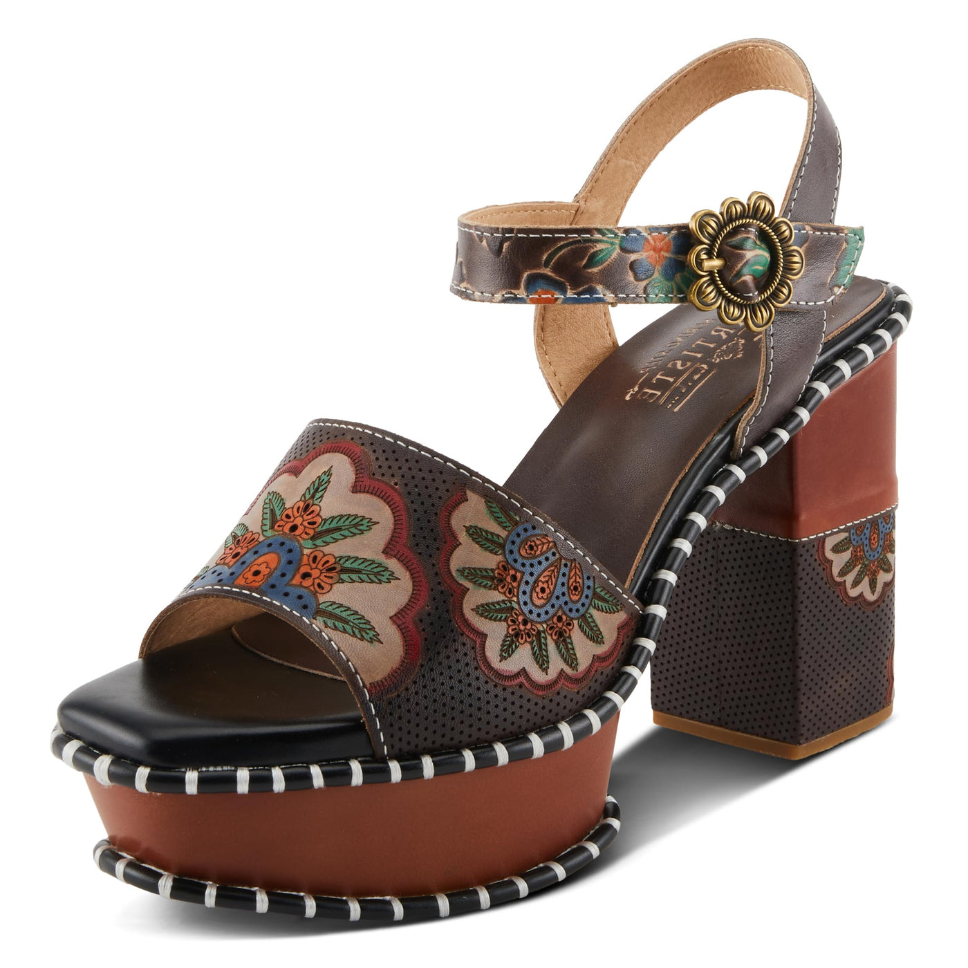 Spring Step L'Artiste Women's GOGETEM Retro Platform Sandals - Hand-Painted Flower Design, Decorative Floral Buckle Chocolate Multi EU 41 / US 9.5-10