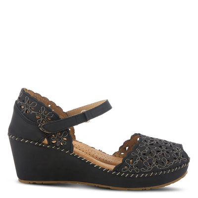 PATRIZIA Spring Step Gennina Wedge Sandals for Womens - Laser Cut Ladies Sandals with Embroidery - Hook and Loop Closure Womens Sandals - Black EU 38 / US 7.5-8