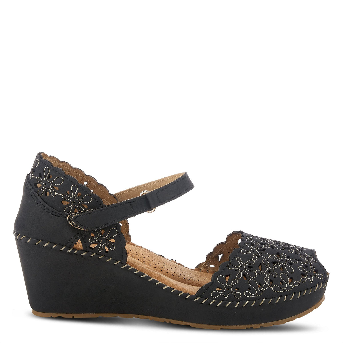 PATRIZIA Spring Step Gennina Wedge Sandals for Womens - Laser Cut Ladies Sandals with Embroidery - Hook and Loop Closure Womens Sandals - Black EU 37 / US 6.5-7