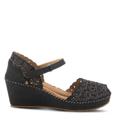 PATRIZIA Spring Step Gennina Wedge Sandals for Womens - Laser Cut Ladies Sandals with Embroidery - Hook and Loop Closure Womens Sandals - Black EU 37 / US 6.5-7